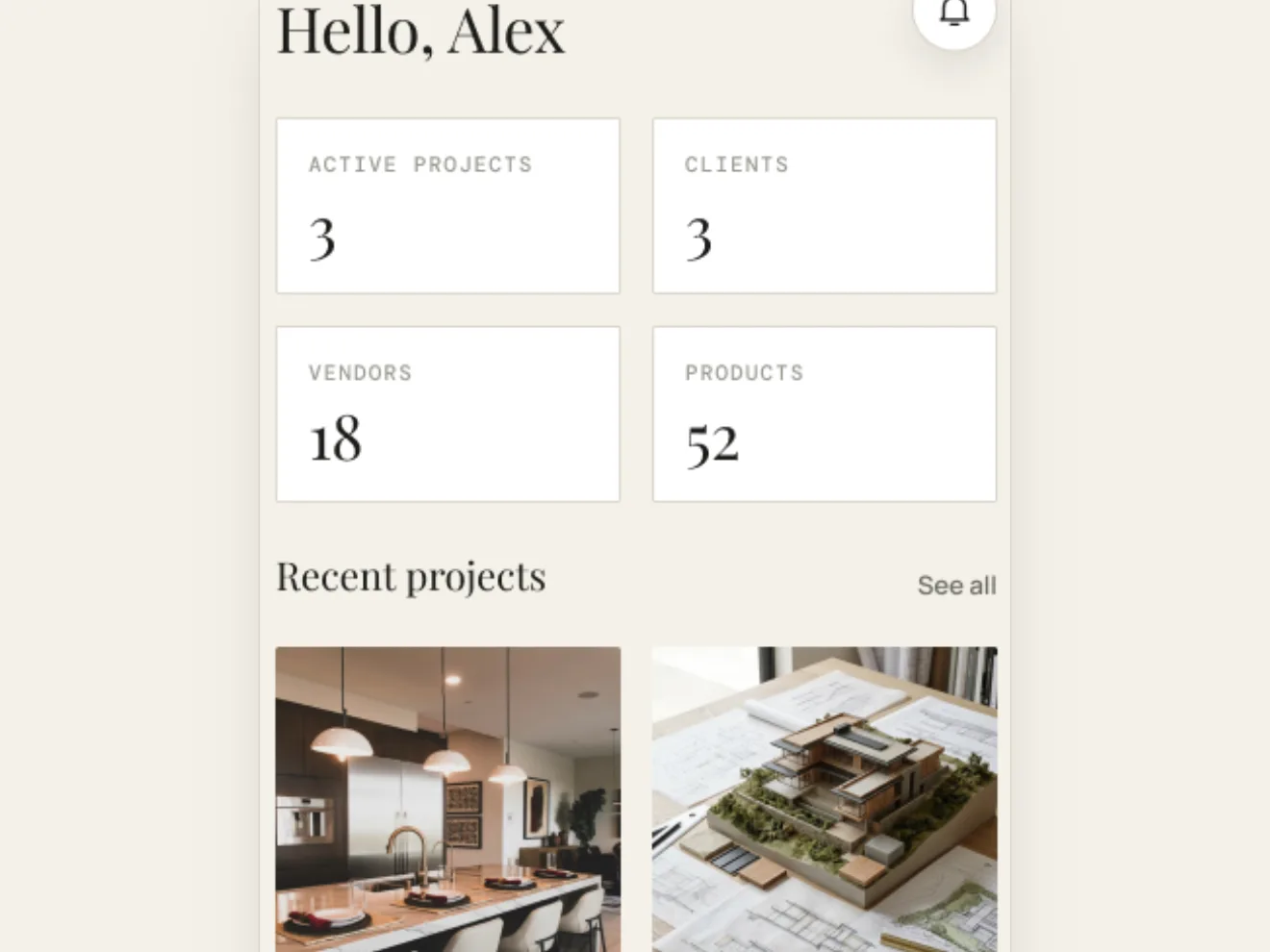 2S Studio for 2S Agents: a home screen with active projects, clients and recent client projects (sample data)