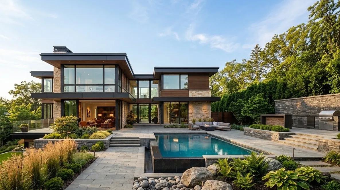 Modern South Florida home with a pool and landscaped garden