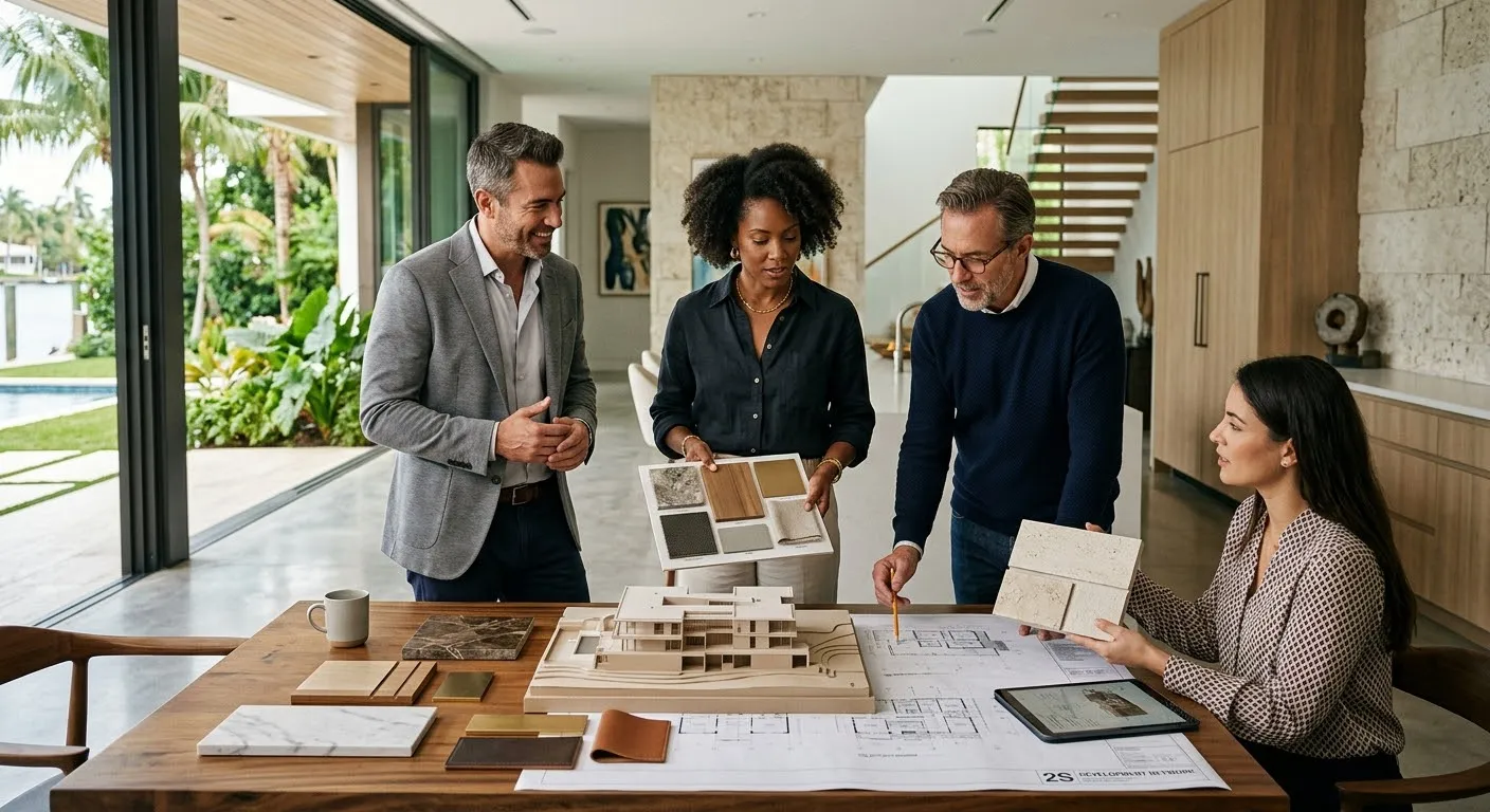 A homeowner reviewing materials and an architectural model with professionals at a table