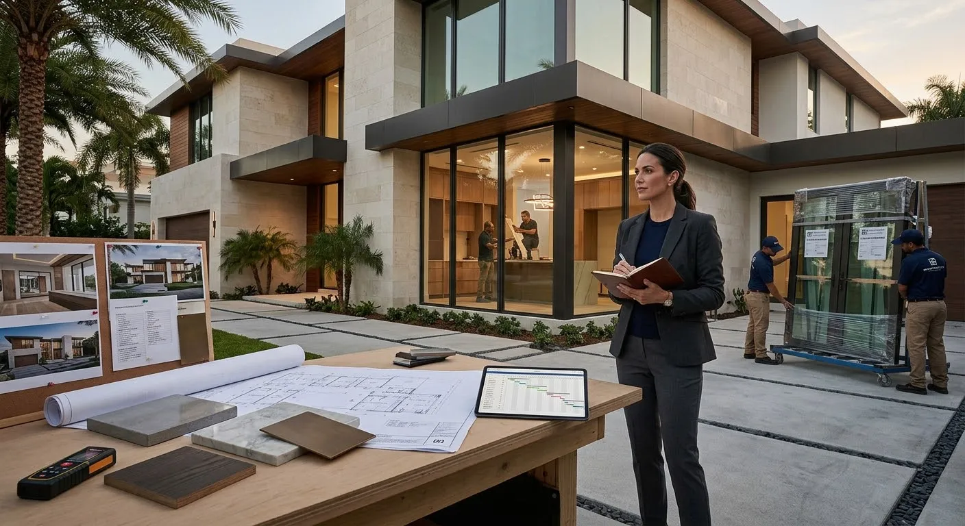 Owner’s representative on a construction site with plans and material samples