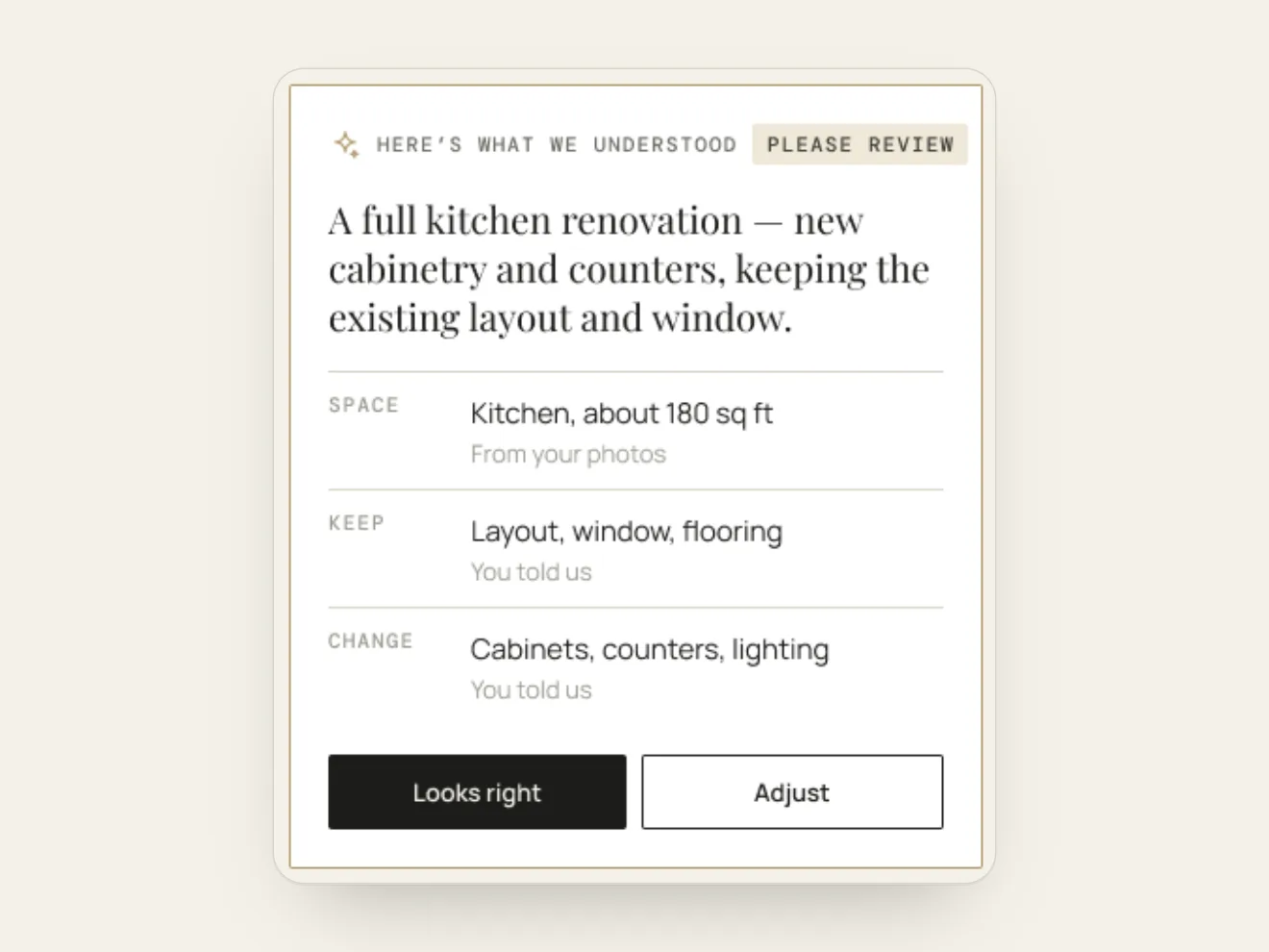 A 2S Studio card showing what 2S understood about a kitchen, ready to confirm