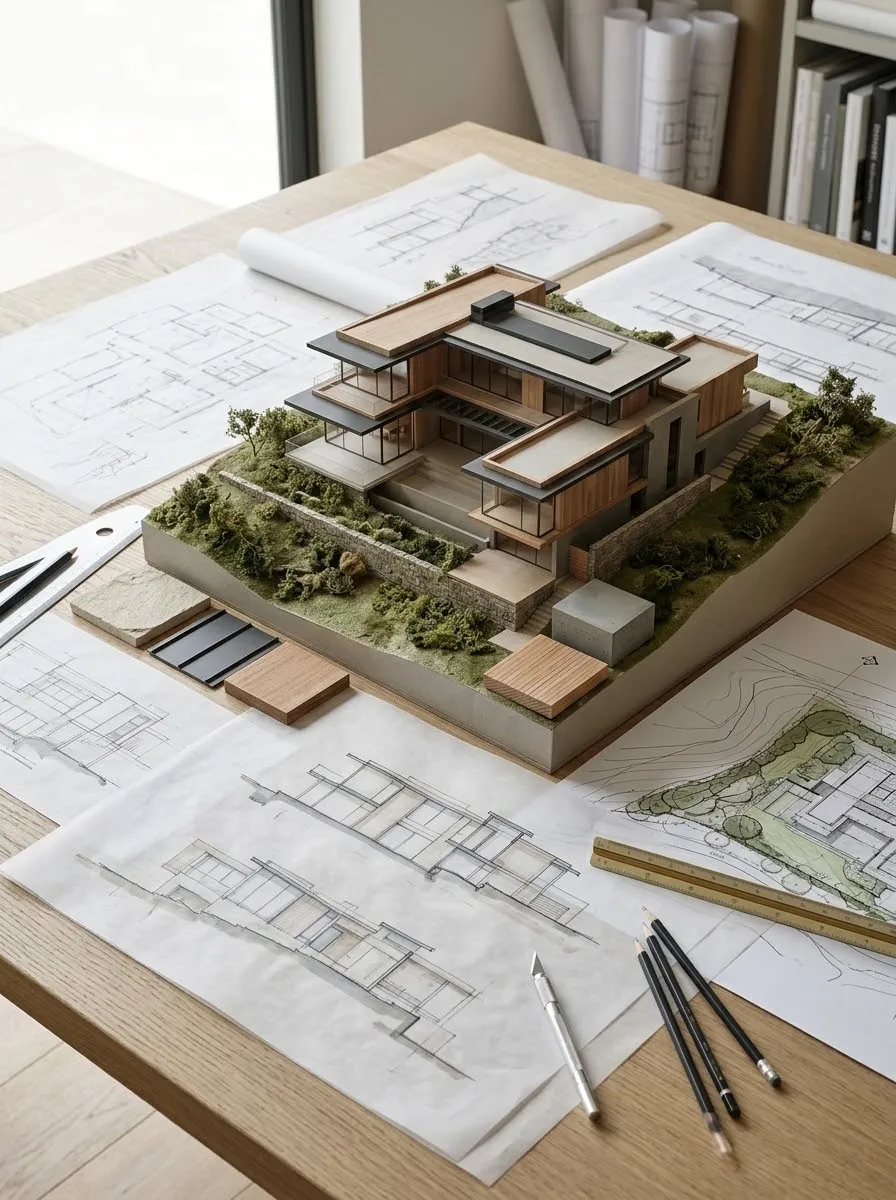 Architectural model of a modern home on drawings and site plans