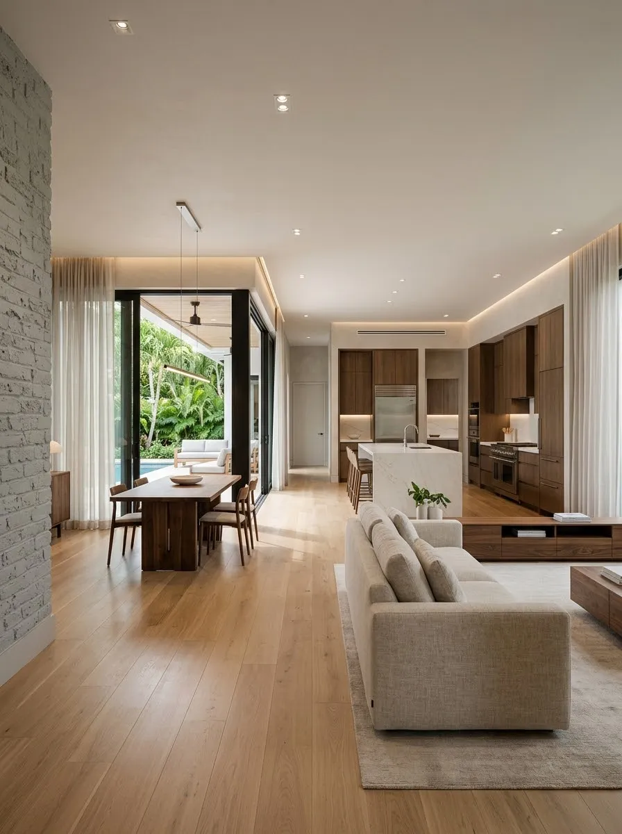 Lived-in kitchen and dining room of an existing home with garden views