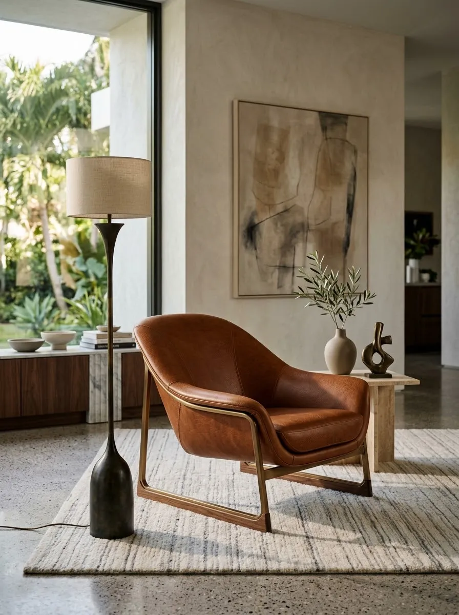 Leather lounge chair, side table and art in a styled living space