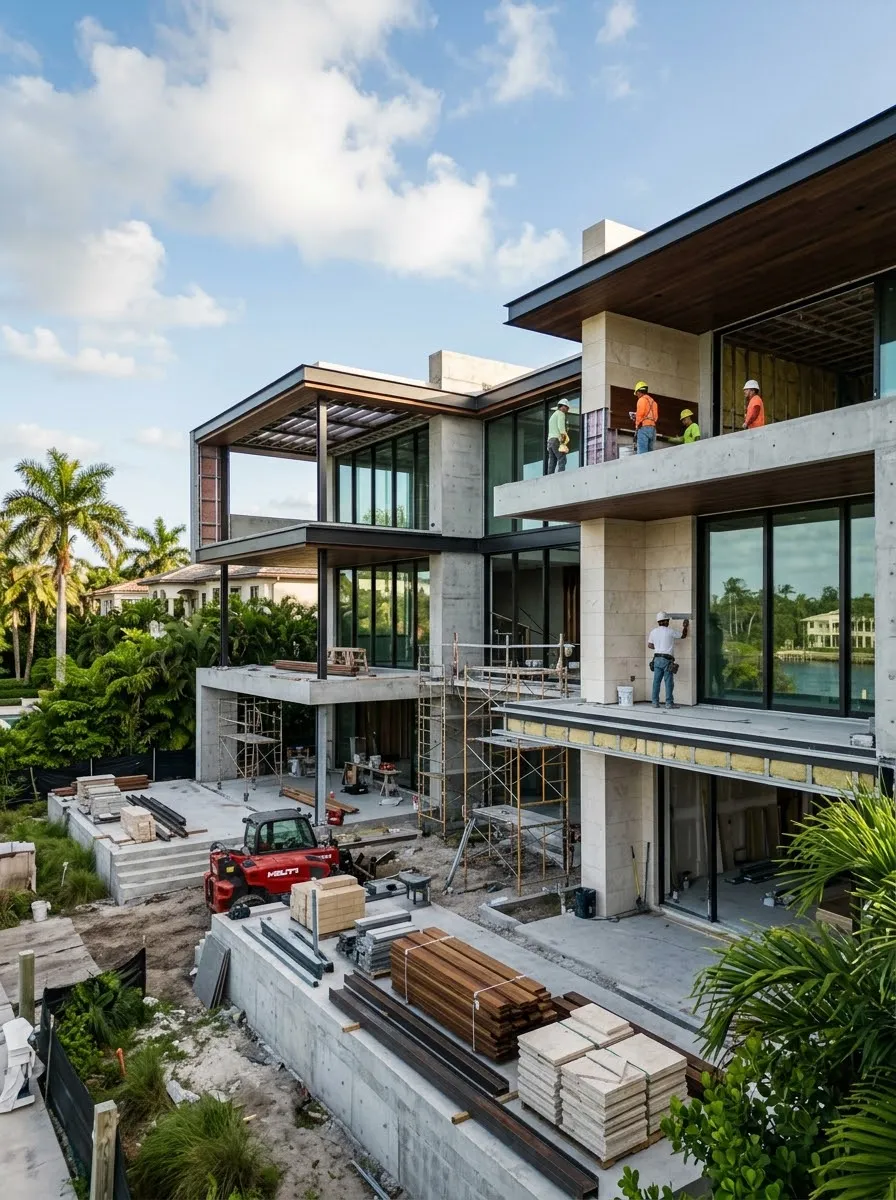Modern home under construction with scaffolding and builders