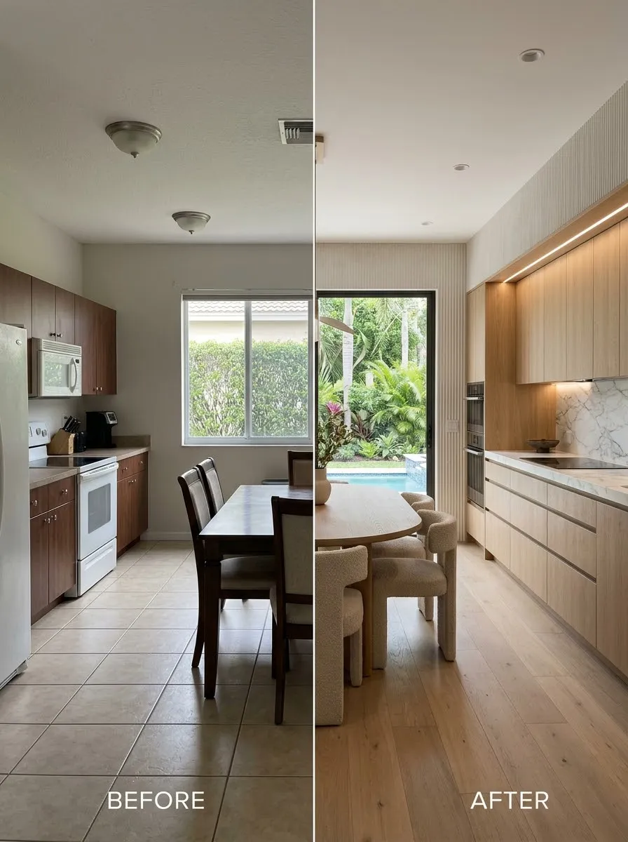 Kitchen shown half before and half after a renovation
