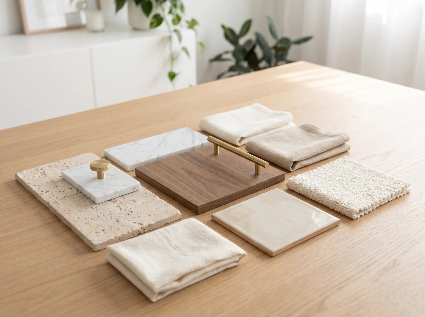 Stone, wood, brass and fabric material samples laid out on a table (illustration)